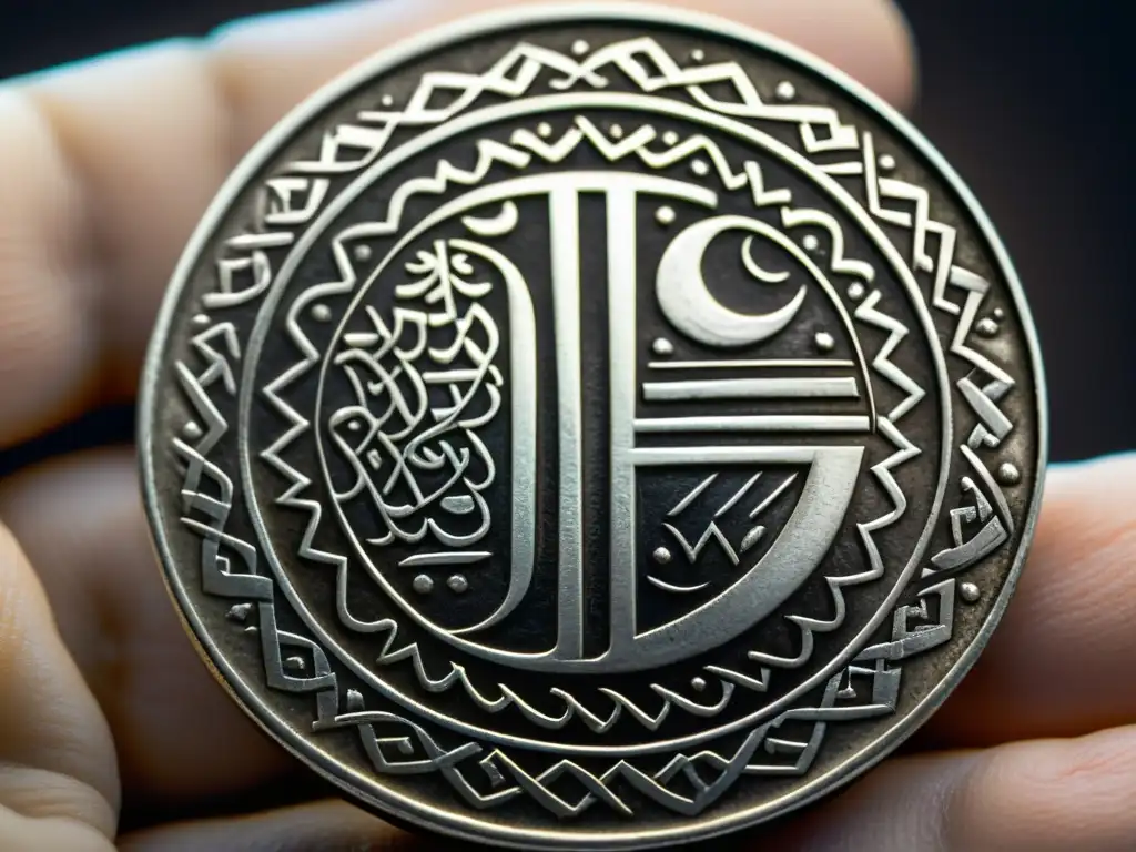Antigua moneda de plata con caligrafía árabe Una antigua moneda extranjera en comercio mongol, con intrincada caligrafía árabe y patrones geométricos