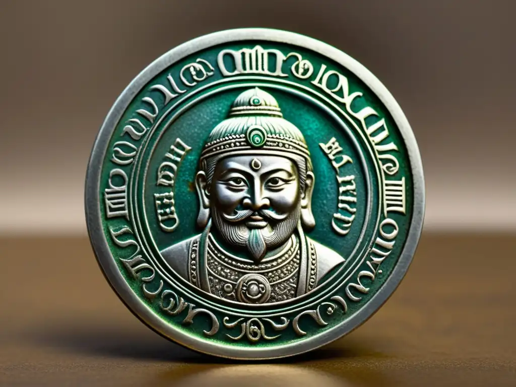 Una antigua moneda de plata mongola del siglo XIII con grabados detallados de Genghis Khan y escritura tradicional