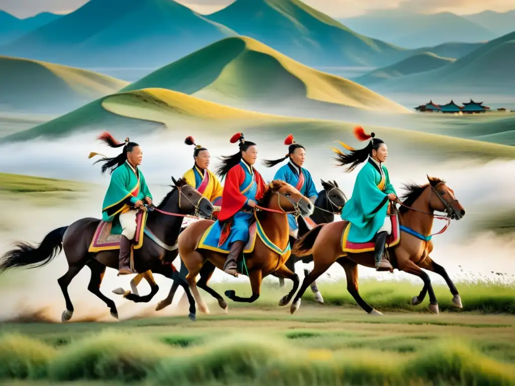 Antigua pintura china: jinetes mongoles recitan poesía en las praderas, influencia literatura poesía mundo mongol