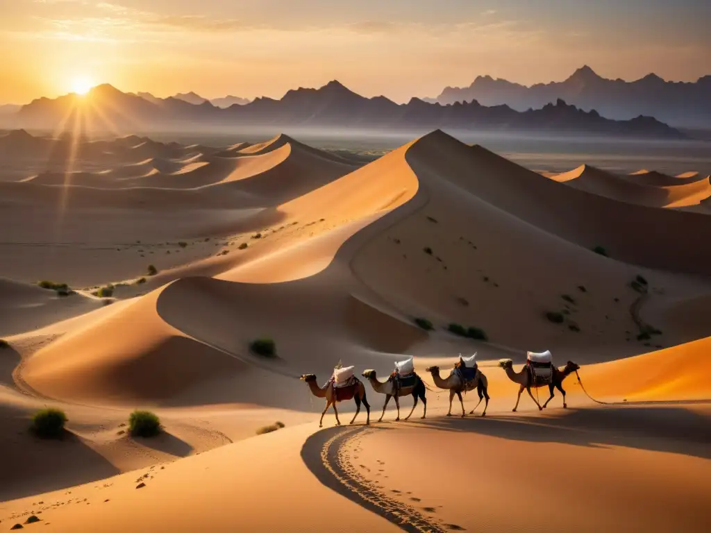 La antigua Ruta de la Seda serpentea a través del desierto, con una caravana de camellos y restos de un puesto de comercio islámico al fondo