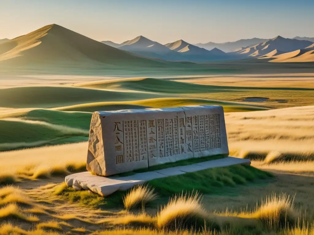 Antiguas tablas de piedra con el legado jurídico del Imperio de Gengis Khan, iluminadas por la cálida luz dorada del atardecer en la estepa mongola