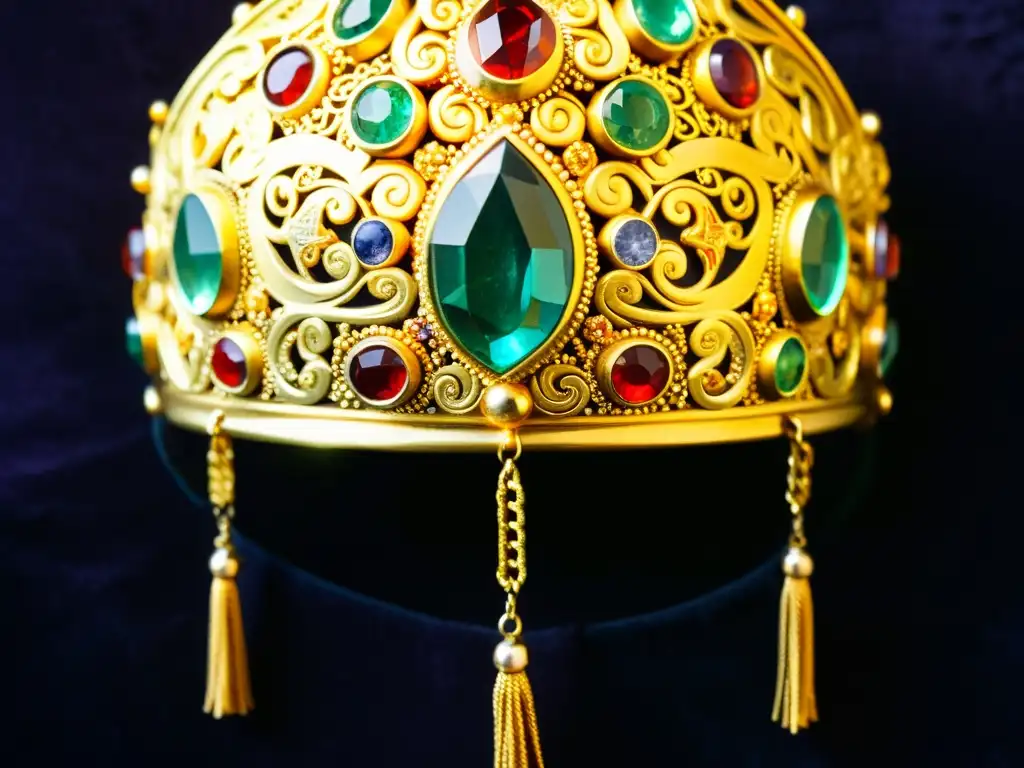 Un antiguo artefacto Mongol, un intrincado tocado dorado con gemas preciosas, refleja la artesanía y la opulencia del enigmático Imperio Mongol