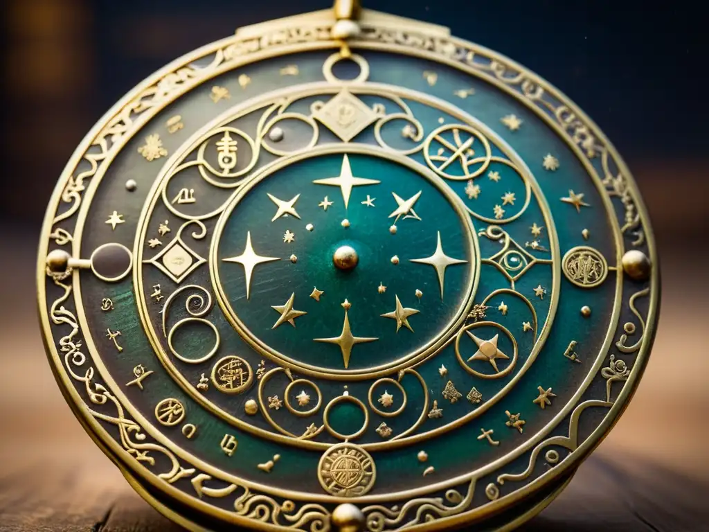 Un antiguo astrolabio mongol de latón, con intrincados grabados de constelaciones y símbolos celestiales