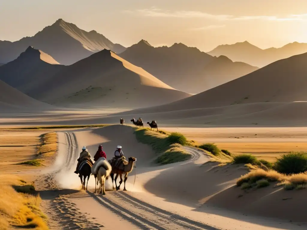 Un antiguo comerciante mongol lidera una caravana de camellos por las vías comerciales secretas mongoles al atardecer