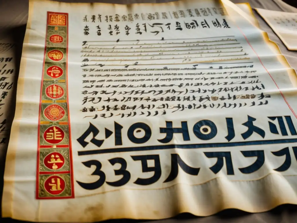 Antiguo documento legal mongol: caligrafía detallada y símbolos históricos Un antiguo documento legal mongol en pergamino con intrincada caligrafía y símbolos históricos