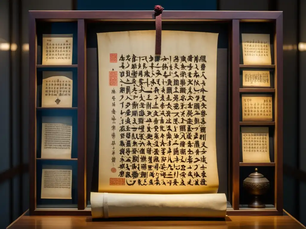 Antiguo documento del Yassa mongol, rodeado de artefactos del imperio, en un ambiente de museo evocador del legado legal del Yassa mongol