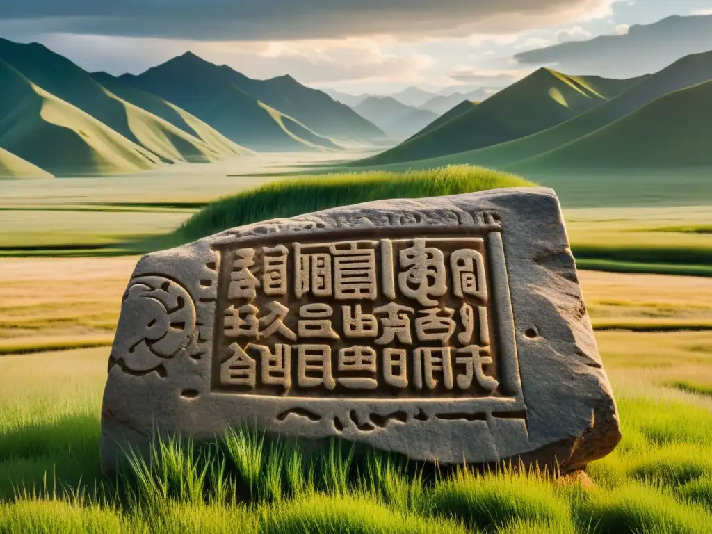 Un antiguo y enigmático tablón de piedra cubierto de intrincadas inscripciones en mongol antiguo, se alza en un paisaje de praderas y montañas