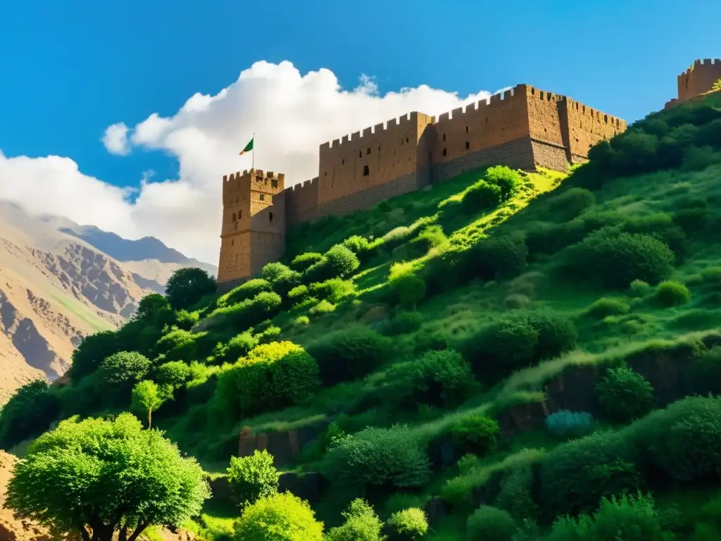 El antiguo y majestuoso Castillo de Alamut se alza en un acantilado rocoso, rodeado de exuberante vegetación