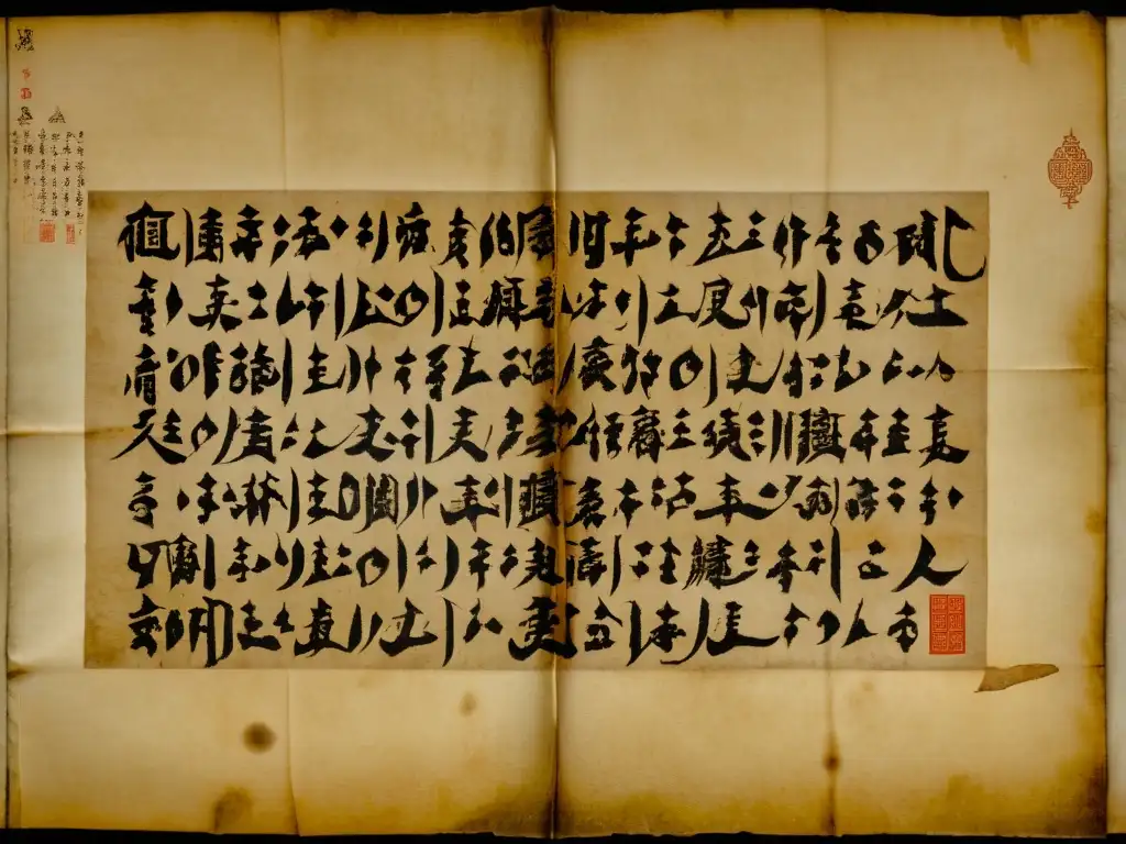 Un antiguo manuscrito en mongol con caligrafía desgastada y misteriosas ilustraciones de guerreros y paisajes del Imperio Mongol