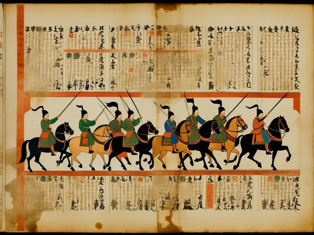 Antiguo manuscrito con estrategias políticas del Imperio Mongol en caligrafía detallada y formaciones de batalla