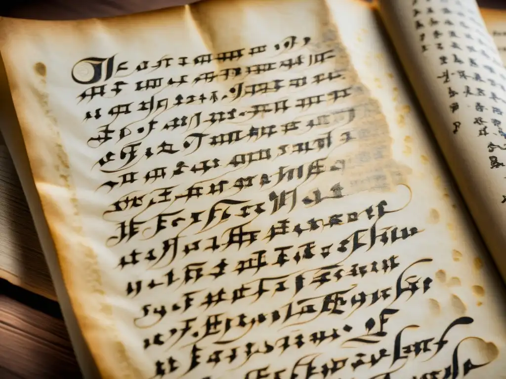 Antiguo manuscrito iluminado por luz natural, con caligrafía delicada que evoca la influencia de los manuscritos del Imperio Mongol