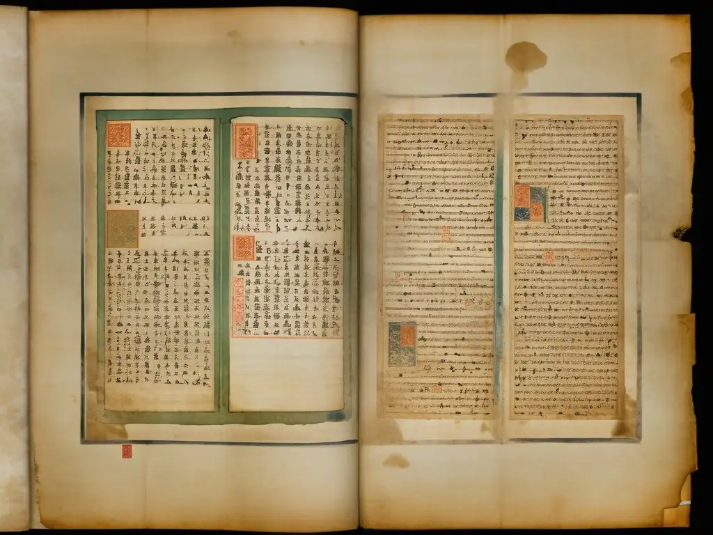 Antiguo manuscrito del Imperio Mongol con caligrafía intrincada y escenas envejecidas, revelando secretos y sabiduría