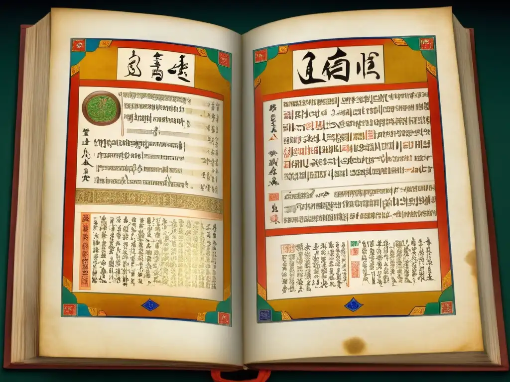 Un antiguo manuscrito médico mongol detalla tratamientos y hierbas, con ilustraciones coloridas y caligrafía elaborada