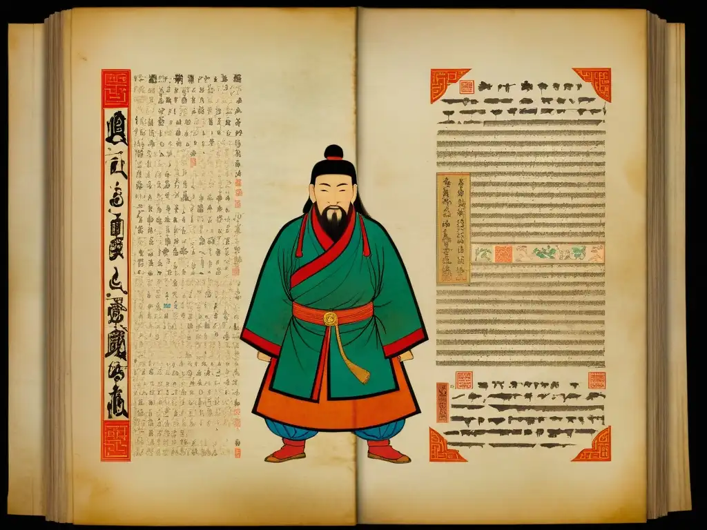 Un antiguo manuscrito mongol detallado, con caligrafía e ilustraciones vibrantes, muestra influencias culturales mongolas en Europa