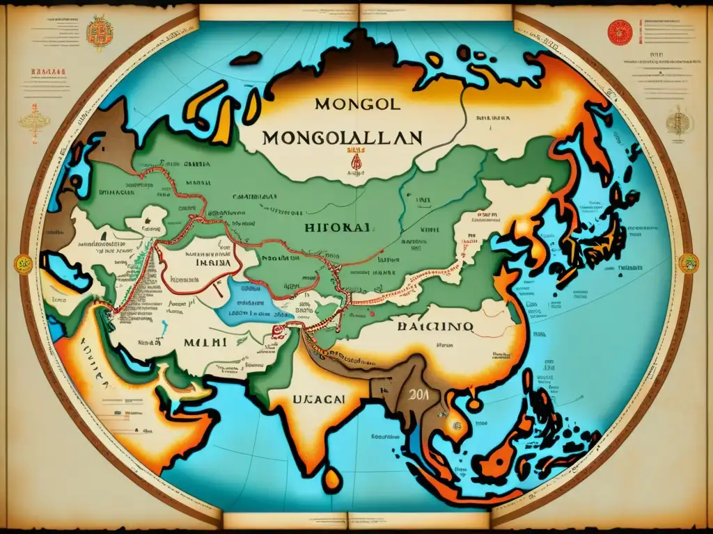 Un antiguo mapa detallado de Mongolia que muestra la vasta región de Asia, con rutas comerciales y ciudades