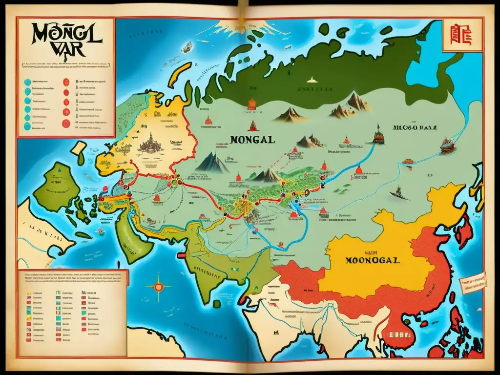 Un antiguo mapa de guerra detallado del Imperio Mongol, con estrategias militares y movimientos