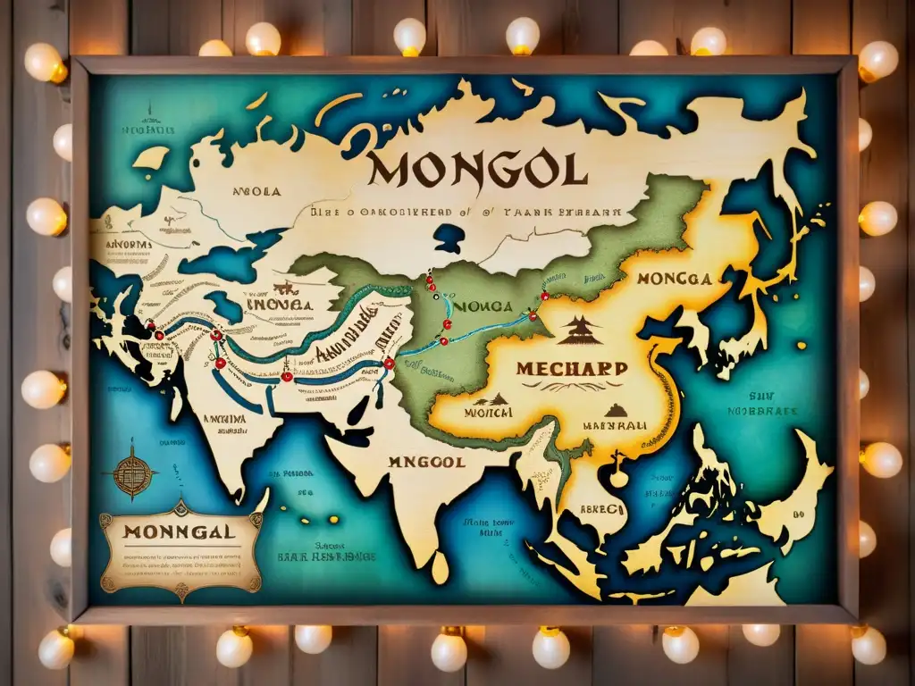 Un antiguo mapa del Imperio Mongol en una mesa de madera iluminado por la luz de las velas