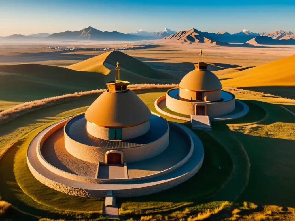 El antiguo observatorio mongol muestra contribuciones astronómicas del Imperio Mongol, bañado por la luz del atardecer en la vasta estepa