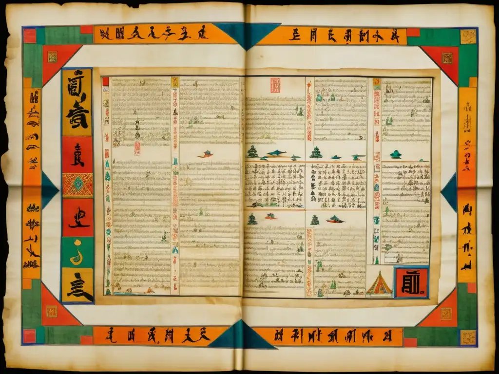 Antiguo documento legal mongol: impacto cultural y legado histórico Antiguo pergamino mongol con leyes ilustradas y símbolos tradicionales