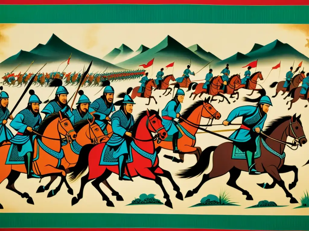 Antiguo pergamino de rebeliones contra imperio mongol, con intensa batalla de guerreros a caballo y armas de asedio en un paisaje caótico y colorido