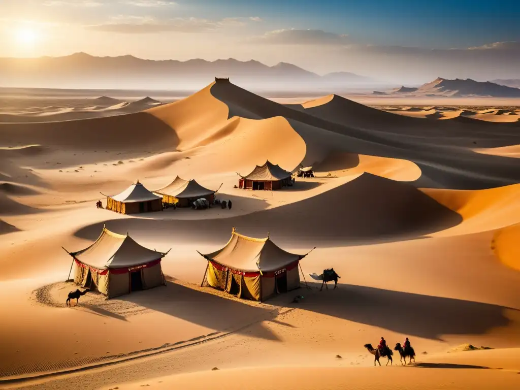 Un antiguo puesto de comercio en la Ruta de la Seda en el desierto de Mongolia, con detalles tallados y caravanas distantes