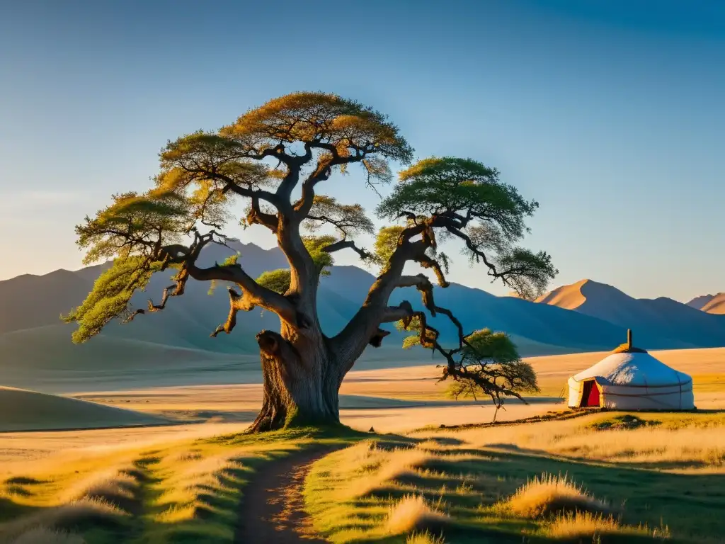 Un antiguo roble en la estepa de Mongolia, rodeado de yurtas tradicionales y montañas nevadas