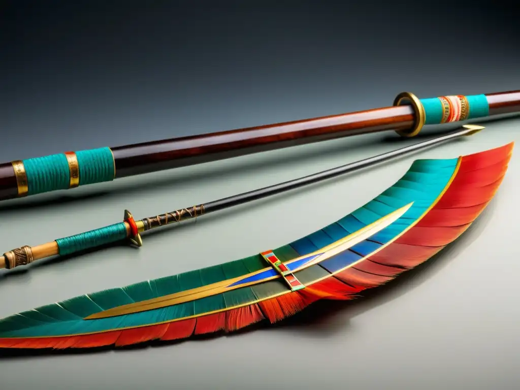 Un antiguo set de arco y flechas mongol, muestra intrincadas decoraciones y colores vibrantes, legado de armas antiguas mongolas legado Khanes