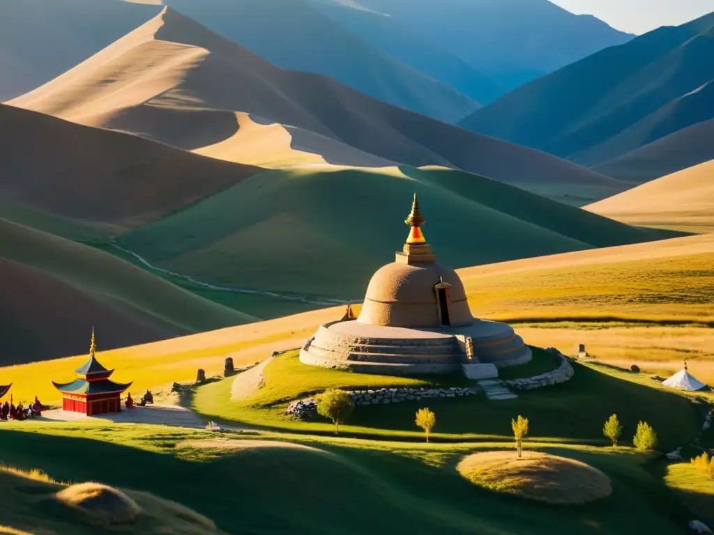 Un antiguo stupa de piedra en las colinas de Mongolia con banderas de oración y monjes en ritual, preservación patrimonio budista mongol