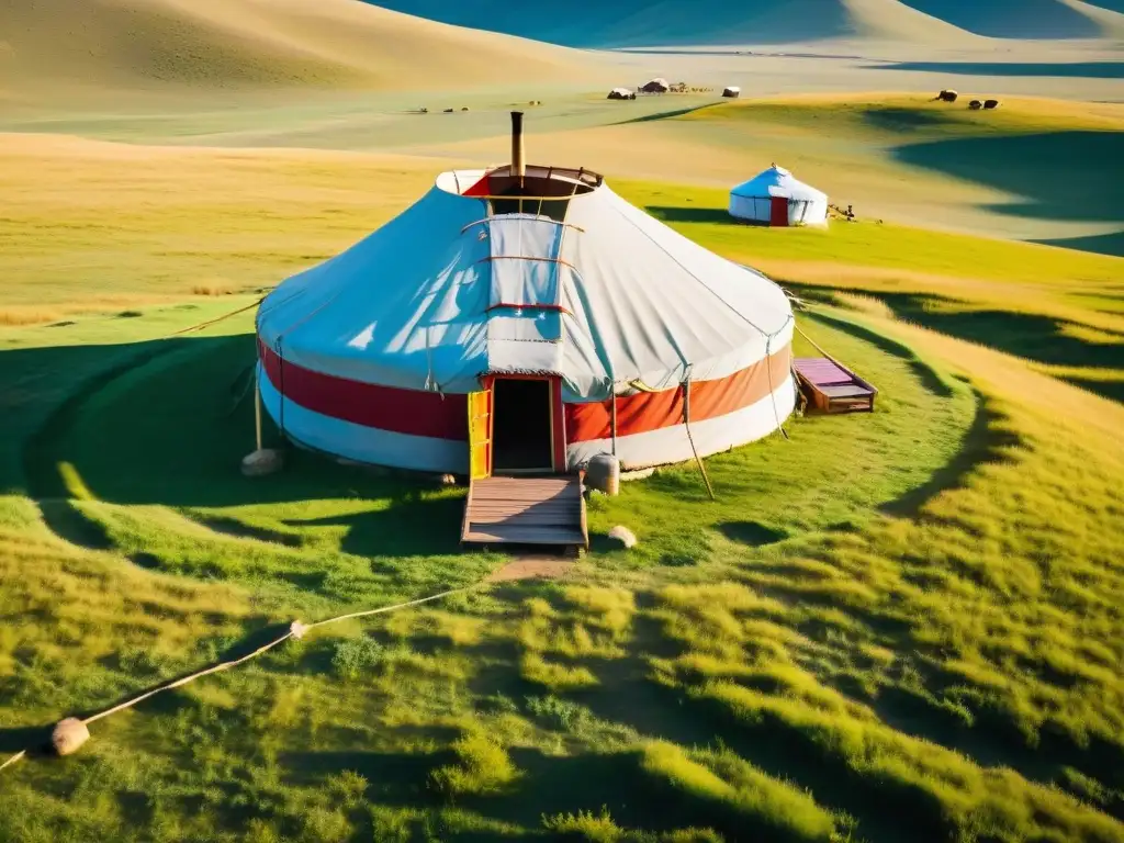 Un antiguo yurt mongol rodeado de la vasta estepa, donde pastorean nómadas su ganado