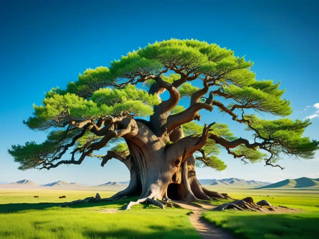 Árbol del Mundo en la cosmovisión mongola: majestuoso árbol milenario yurta en paisaje mongol