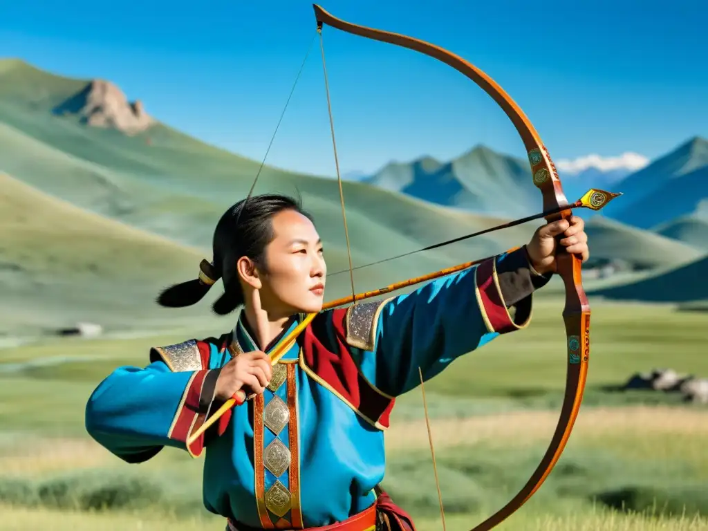 Un arco mongol bellamente elaborado en un paisaje de colinas y cielo azul, con un arquero en armadura tradicional