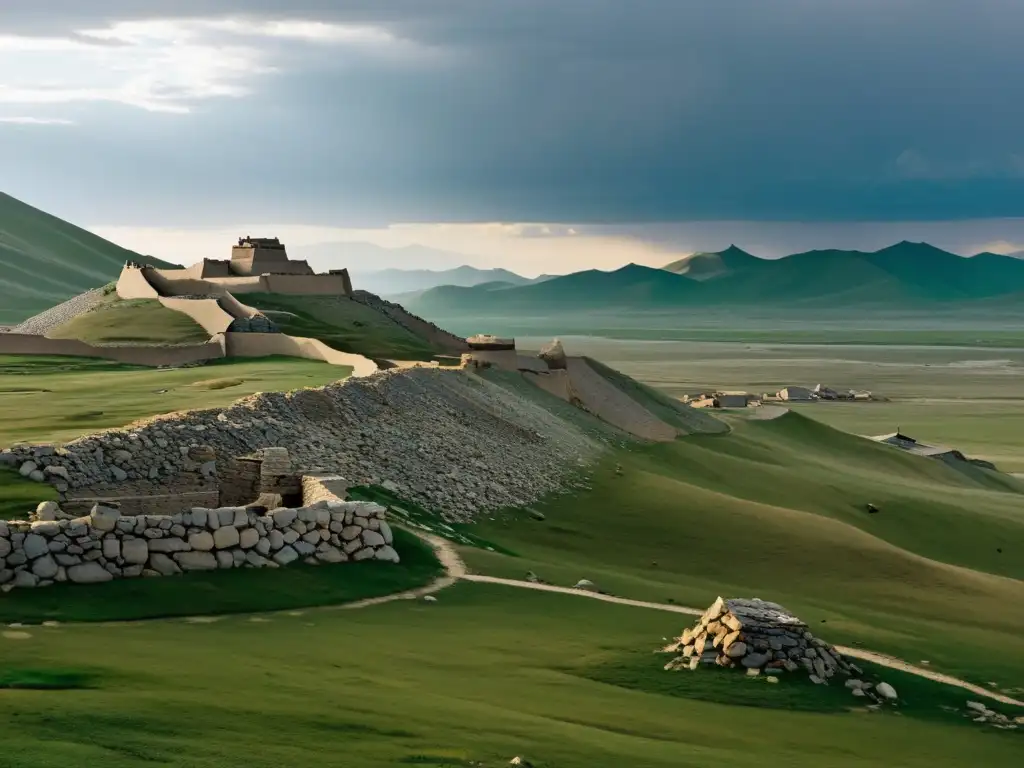 Armaduras y armas rotas en un paisaje desolado de una antigua batalla del declive del Imperio Mongol