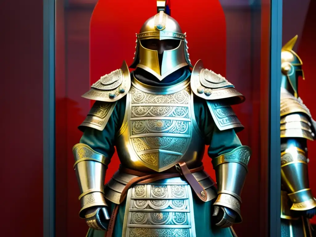 Exhibición de armaduras mongolas, historia y diseño detallado en un museo con iluminación suave, destacando la artesanía y la atmósfera única