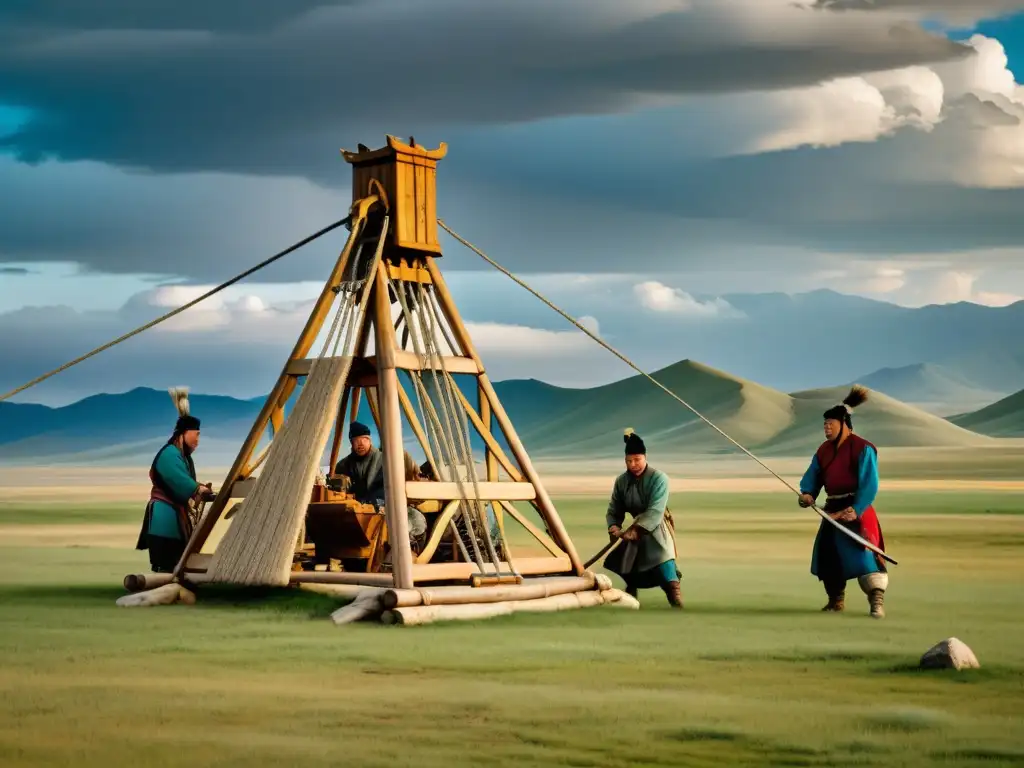 Armas de asedio mongolas historia: Ingenieros ajustan trebuchet en la vasta estepa mongola, detallada y majestuosa