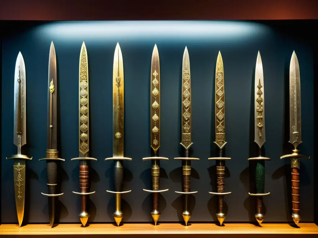 Exhibición de armas raras ejército mongol en museo con decoraciones intrincadas y artesanía detallada, iluminadas en la penumbra