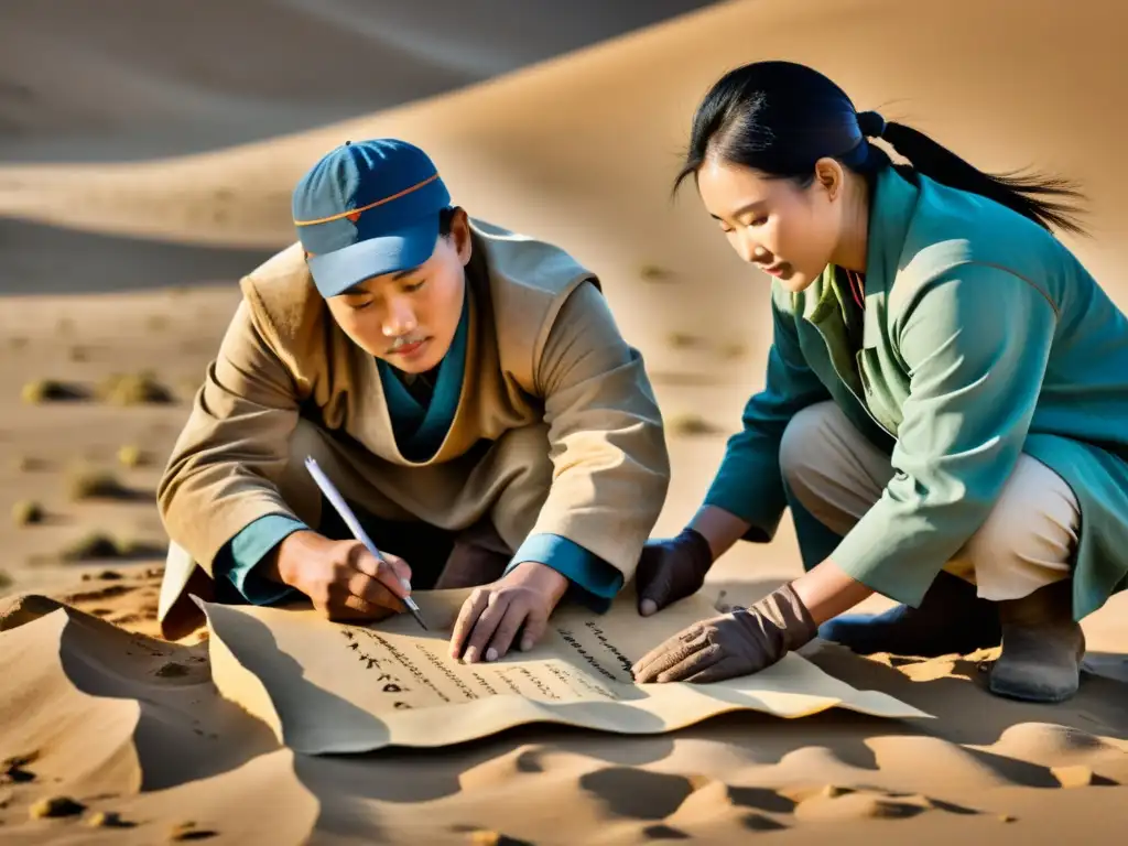 Arqueólogos descubriendo manuscritos escritura mongola en el desierto, bañados por la cálida luz del atardecer