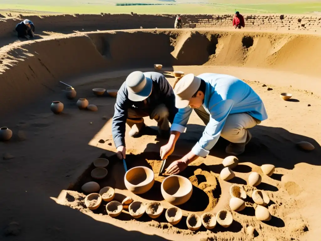 Arqueólogos excavando restos del Imperio Mongol influencia Europa hallazgos en un paisaje eurasiático expansivo