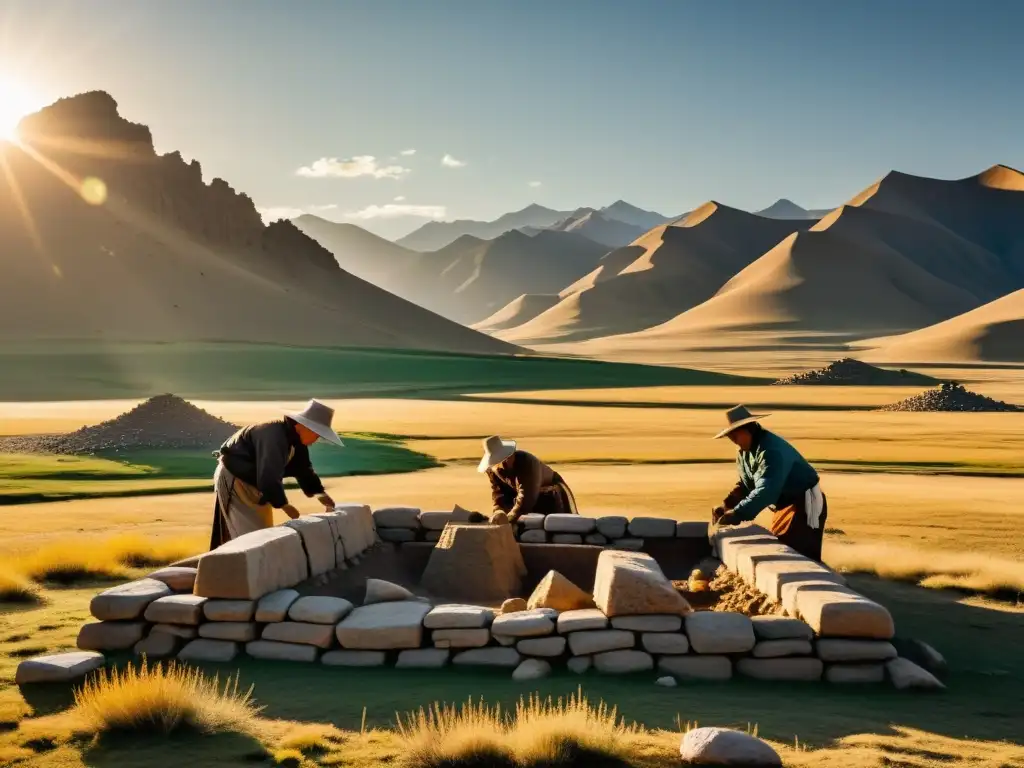 Excavación de ruinas antiguas en Mongolia al atardecer Arqueólogos excavando ruinas del Imperio Mongol en Karakorum con la cálida luz dorada del atardecer sobre las antiguas piedras y las montañas al fondo