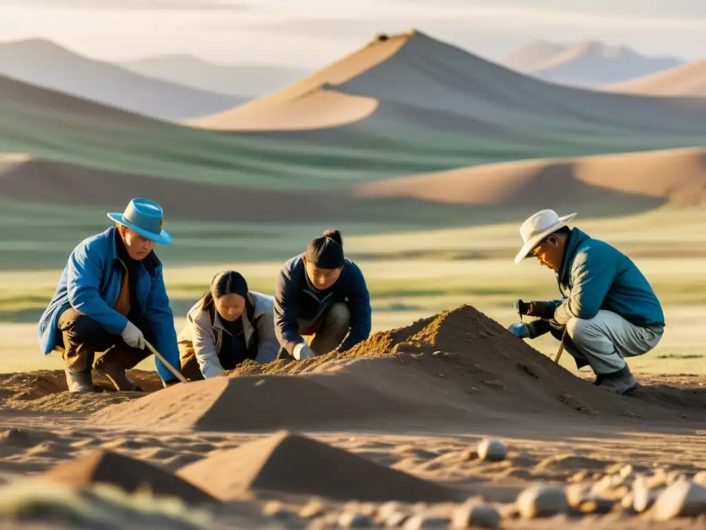 Arqueólogos excavando tumbas mongolas con inteligencia artificial al amanecer en Mongolia