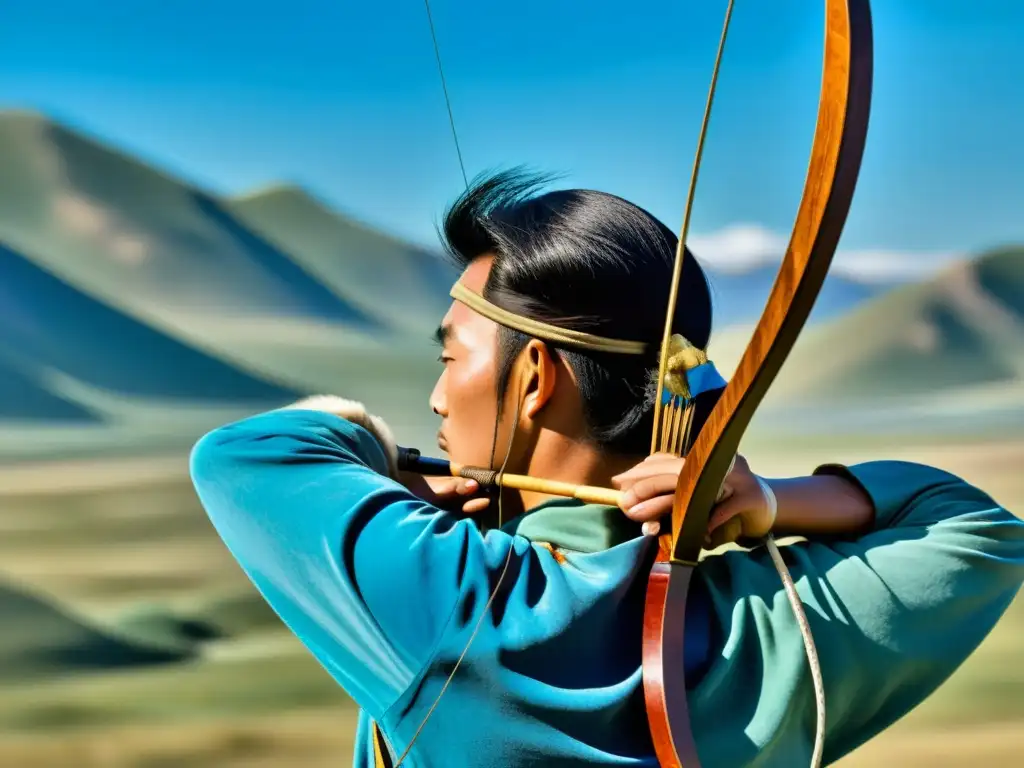 Un arquero mongol viste atuendo tradicional y tensa un arco, con la estepa mongola de fondo