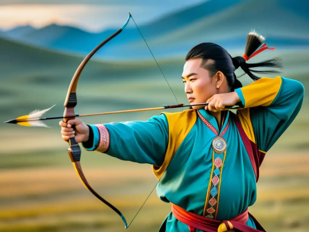 Un arquero mongol se prepara para lanzar una flecha, con la estepa mongola de fondo