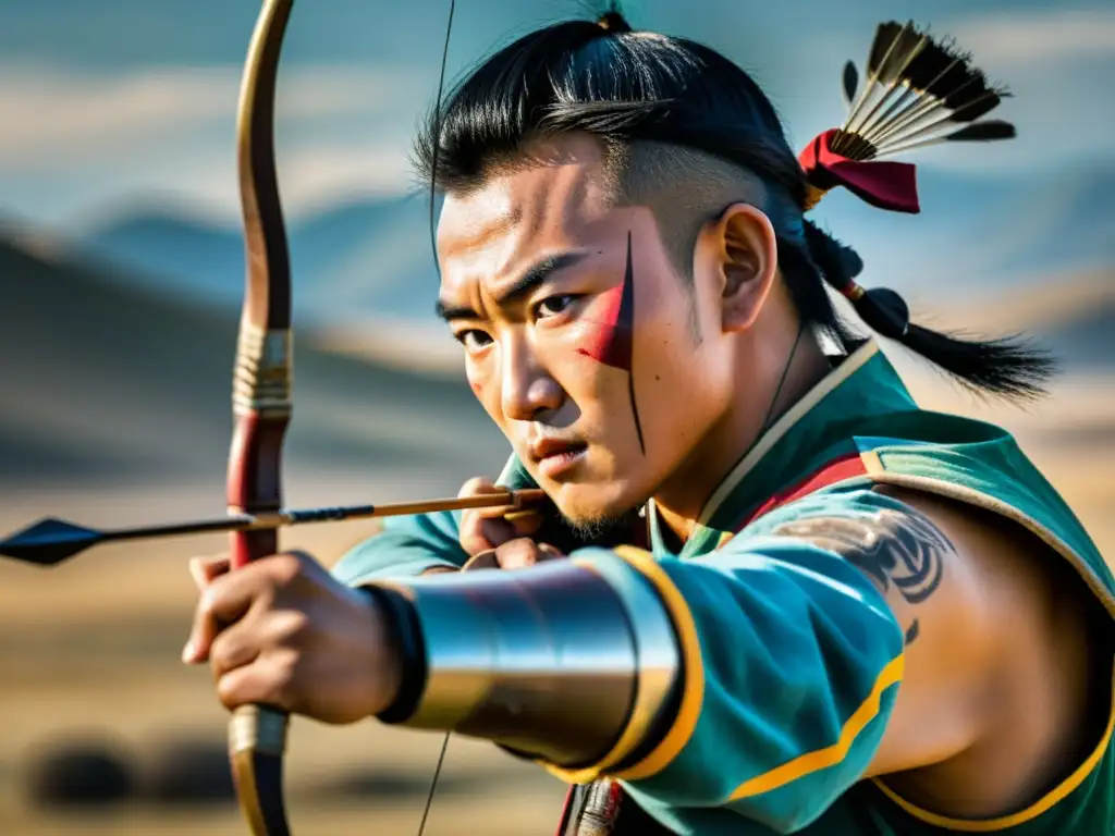 Un arquero mongol táctico de guerra, concentrado, vistiendo atuendo tradicional y preparado para disparar su arco en la estepa mongola al atardecer