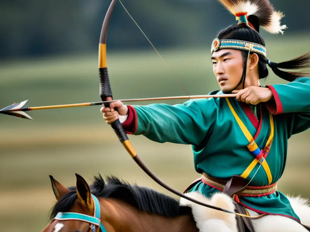 Arquero mongol táctico de guerra en la estepa, con arco compuesto, cabalgando a toda velocidad mientras se enfoca en el blanco distante