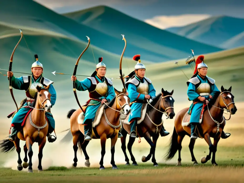 Arqueros mongoles a caballo en paisaje vasto, representando la historia arquería Imperio Mongol