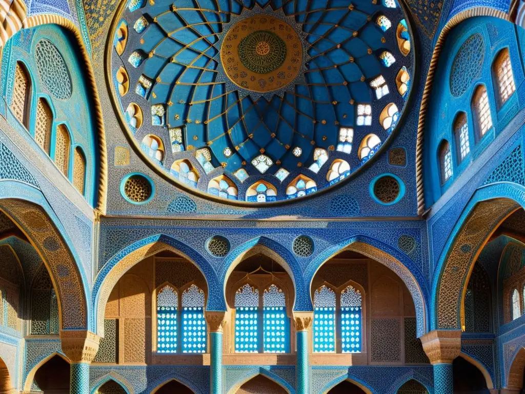 Arquitectura detallada y elegante de la Mezquita Azul en Tabriz, Irán, destacando el legado de Genghis Khan en el Islam