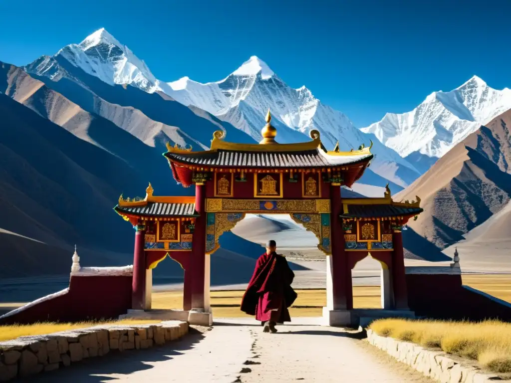 Arquitectura mongola en el Tíbet: majestuoso arco de piedra con guerreros tallados, monjes tibetanos y picos nevados de los Himalayas