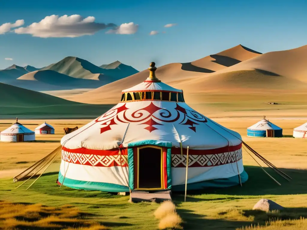 Yurta mongola en la estepa, muestra la arquitectura nómada imperio mongol en armonía con la vida cotidiana de los nómadas