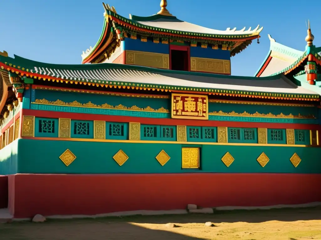 Arquitectura ornamentada del Monasterio Erdene Zuu en Mongolia, mostrando la influencia del Imperio Mongol en detalles artísticos y culturales