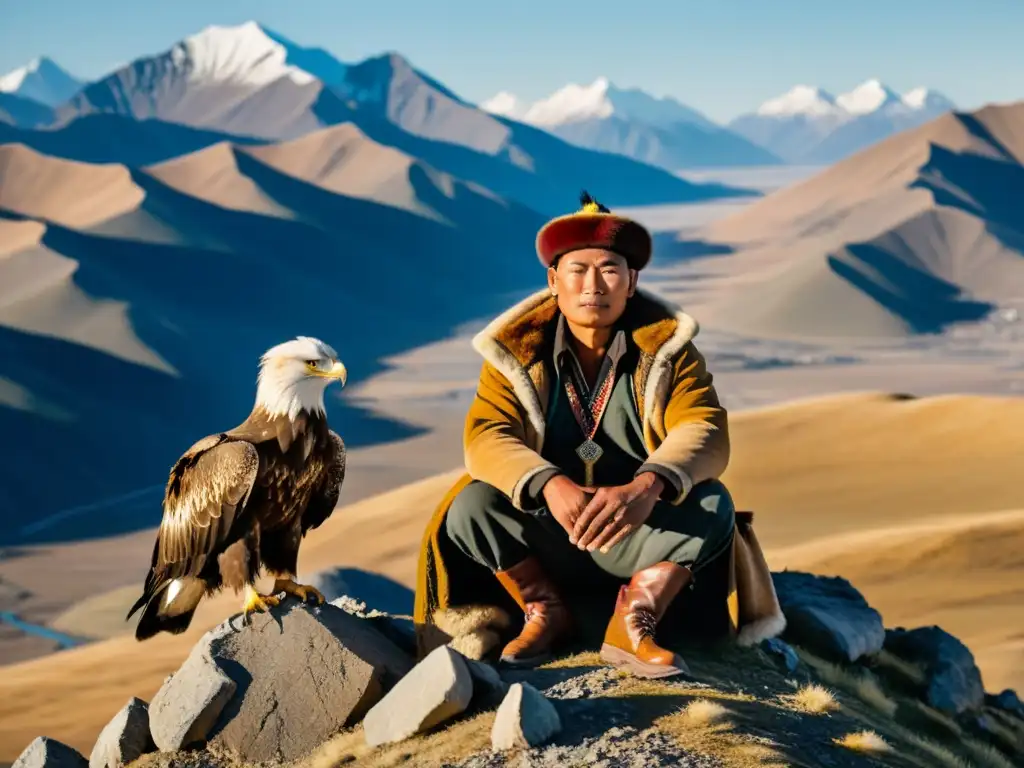 Arte cetrería mongola tradición: cazador de águilas con majestuoso águila dorada en las montañas de Altai