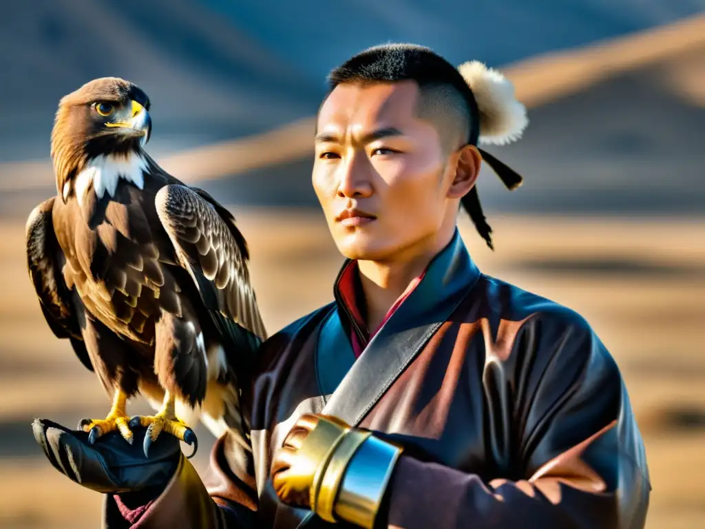 Arte cetrería mongola tradición: Un falconero mongol con un águila dorada en la estepa, reflejando la conexión ancestral y la belleza de la práctica